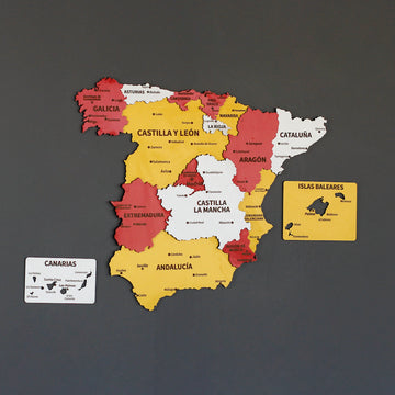 Spain Flag wooden wall map on a dark gray wall, wide view with Canarias and Islas Baleares panels
