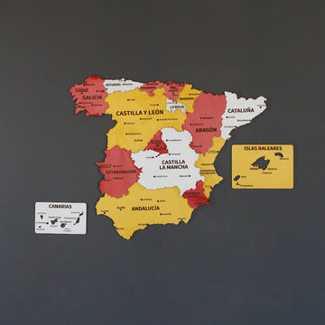 Spain Flag wooden wall map in softer red, yellow and white tones with island panels, angled view