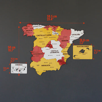 Spain Flag wooden wall map dimensions: 59.5 x 50 cm main map, Islas Baleares 18.6 x 13.2 cm, Canarias 15.6 x 9.5 cm