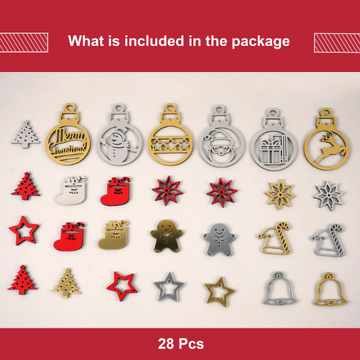 What is included in the package: 28 wooden and acrylic Christmas ornaments in gold, silver and red