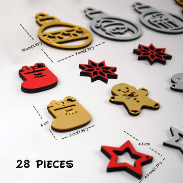 Dimensions of the Christmas ornaments, 28 pieces: bauble 10 x 7 cm, stocking 5 x 5 cm, star 4.5 x 4.5 cm
