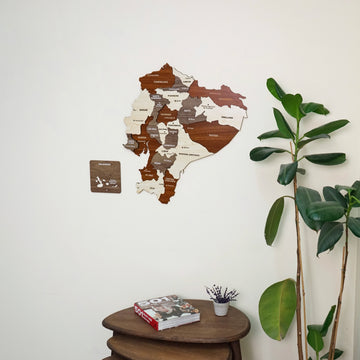 Wooden Ecuador map beside a tall green plant and a small round side table