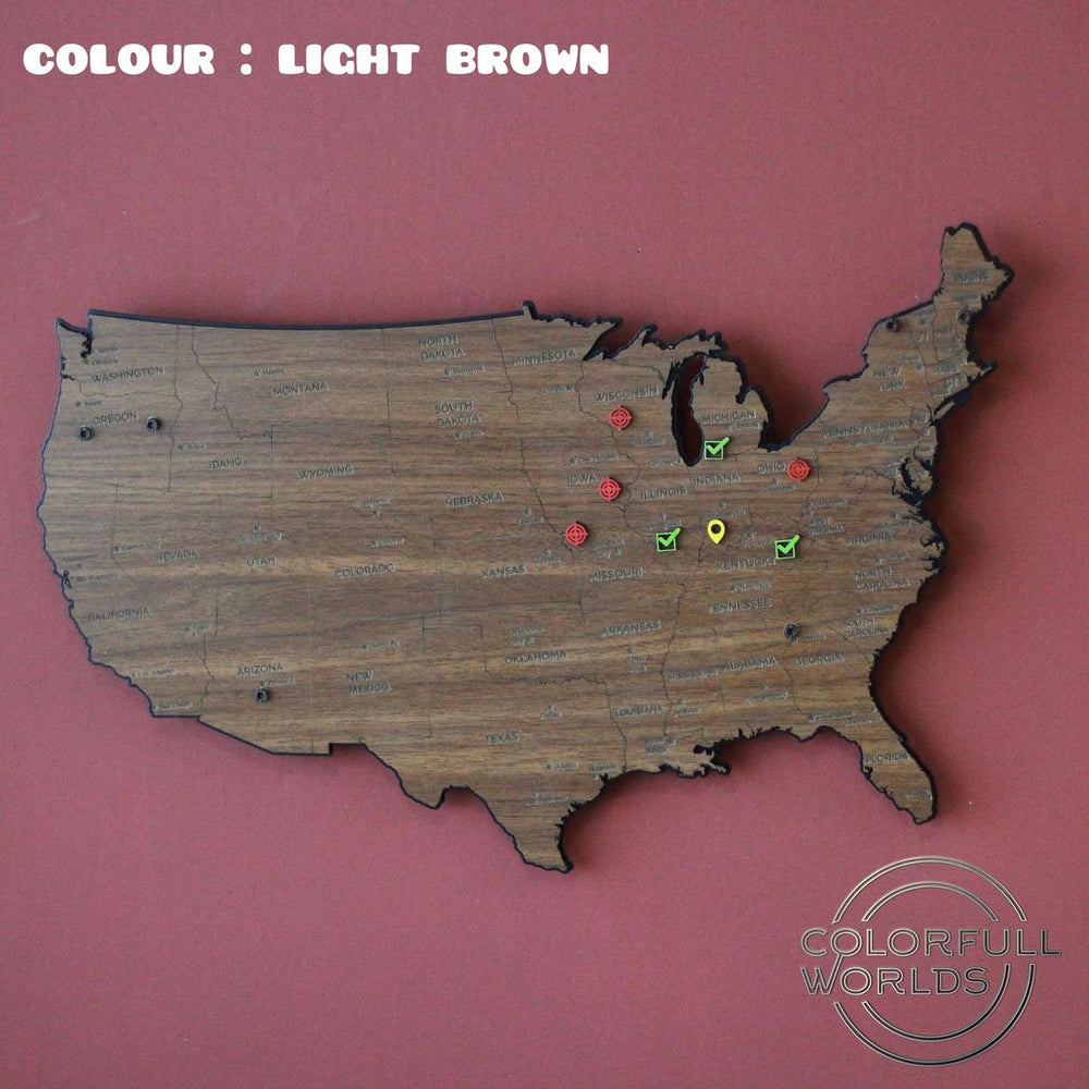 Metal & 2D Wooden USA Map (Single Layer) | Color - Light Brown