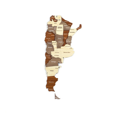 Front view of the multilayered wooden Argentina map in brown, taupe and cream, with Tierra del Fuego at the bottom