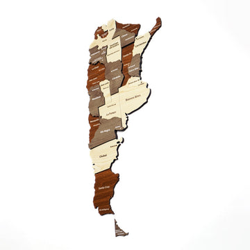 Wooden Argentina map tilted slightly to show raised province layers, with Buenos Aires and Patagonia on white