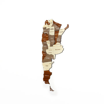 Full-length wooden Argentina map with Patagonia in dark brown and Tierra del Fuego piece, soft shadow below