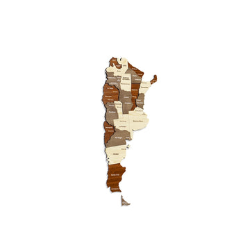Smaller scale wooden Argentina map centered on white, showing province names in cream, taupe and brown