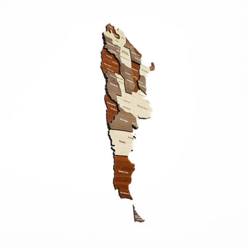 Wooden Argentina map seen from a steep side angle, showing the stacked province layers from Salta to Santa Cruz
