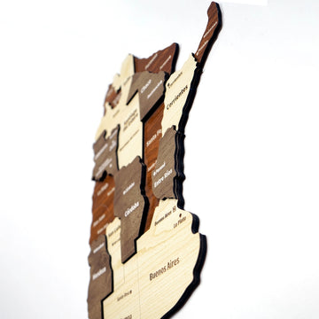 Angled close-up of the wooden Argentina map showing Corrientes, Entre Rios, Cordoba and Buenos Aires layers