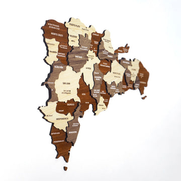 Dominican Republic wooden wall map tilted to show layered wood depth and province labels