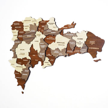 Dominican Republic wooden wall map with city and province names in cream, tan and brown wood, wide view