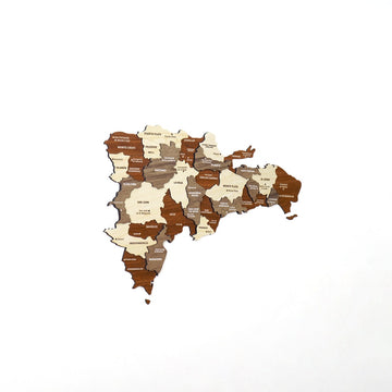 Small Dominican Republic wooden wall map in cream, tan and brown layers on a white background