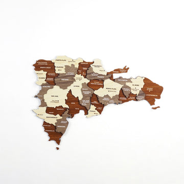 Medium Dominican Republic wooden wall map in cream, tan and brown layers on a white background
