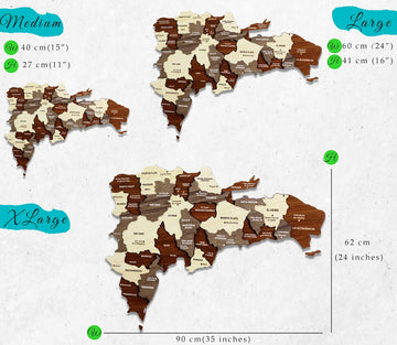 Size chart for the Dominican Republic wooden wall map: 40 x 27 cm, 60 x 41 cm and 90 x 62 cm