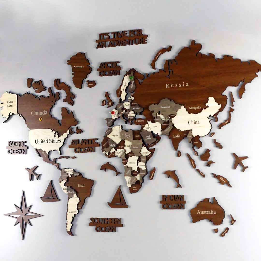 World map wooden wall decoration - multilayered, multicolor stained wood,  engraved names - unique 3D design - for Living Room, Office & Bedroom (MEGA