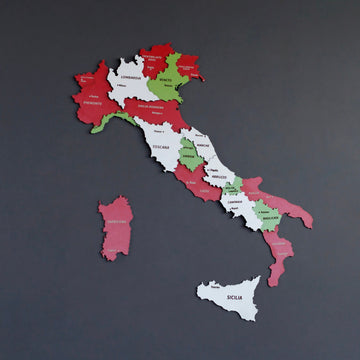 Italy flag-colored wooden wall map in red, white and green regions on a dark gray wall, front view