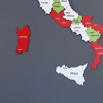 Close-up of southern Italy on the flag wooden map showing Lazio, Puglia, Calabria, Sardegna and Sicilia