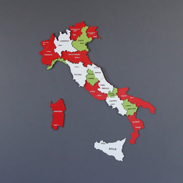 Medium view of the Italy flag wooden map with red Sardegna, white Sicilia and region labels