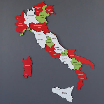 Angled view of the 3D Italy flag wooden map with layered regions in red, white and green