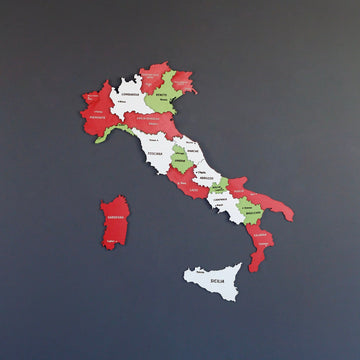 Italy flag map in green, white and red wood with Sardinia and Sicily as separate pieces, on a dark wall