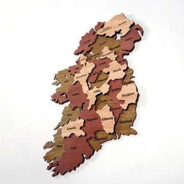 Ireland wooden wall map turned at an angle, with Donegal, Dublin, Cork and Wexford labels