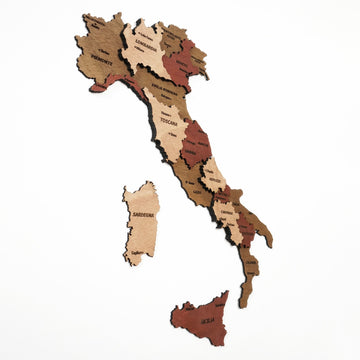 Tall angled view of the Italy wooden wall map, showing Toscana, Sardinia and Sicily in wood layers