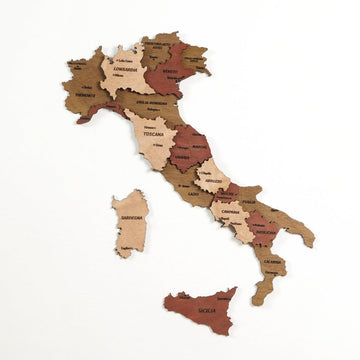 Italy wooden wall map with region names in cream, tan and red-brown wood, including Sardinia and Sicily
