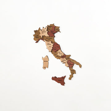 Small Italy wooden wall map in cream, tan and red-brown wood centered on a white background