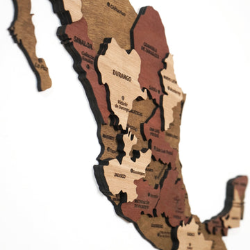 Close-up of Mexico wooden map layers showing Sinaloa, Durango and Jalisco states