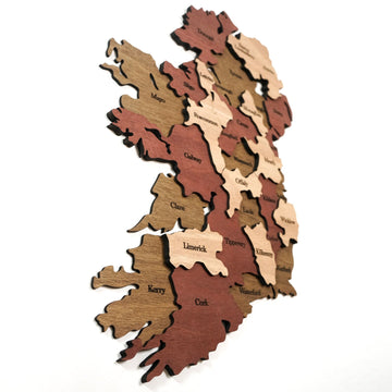 Large Ireland wooden wall map from a side angle, showing Kerry, Cork, Galway and Mayo counties in raised layers