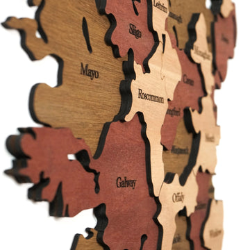 Close-up of Ireland wooden map layers showing Mayo, Galway, Roscommon and Offaly counties