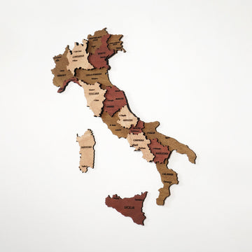 Italy wooden wall map with city and region labels on a white background, slightly angled view