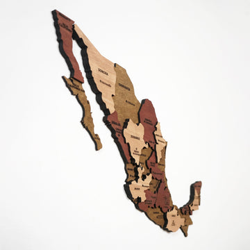 Mexico wooden wall map from a steep side angle, showing Baja California and the raised state layers