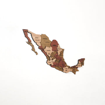 Mexico wooden wall map in brown and light wood, slightly angled view on a white wall