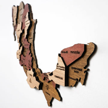 Close-up of the Yucatan peninsula on the Mexico wooden map showing Yucatan, Campeche and Quintana Roo