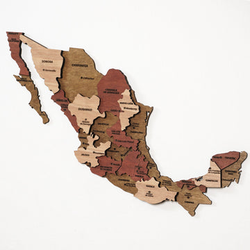 Mexico wooden wall map showing Sonora, Chihuahua, Durango, Oaxaca and the Yucatan peninsula in layers