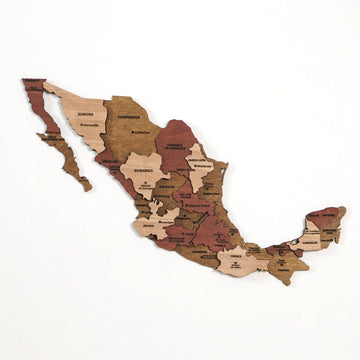 Mexico wooden wall map with state names in brown, rust red and light wood layers, large front view