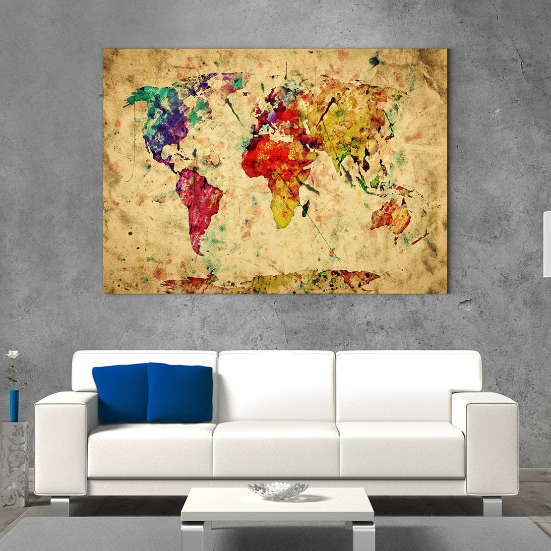 Canvas World Map Art mural showing Country and Major Cities in Mixed Color with White Background, Canvas online World Map Wall Decor, Wall Map Art