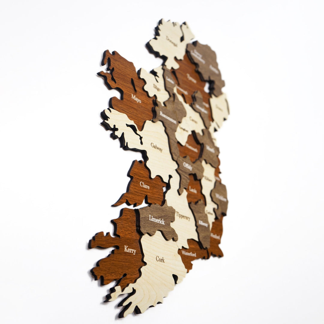 Close-up of the Ireland wooden wall map from a low angle, with Kerry, Limerick and Galway in layered wood