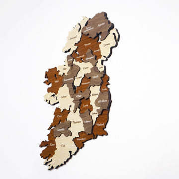 Ireland wooden wall map tilted to show layered wood depth and county labels from Donegal to Cork
