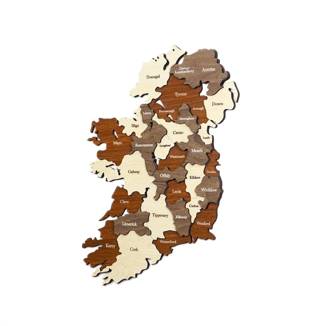 Ireland wooden wall map with county names in cream, tan and brown wood, angled view on a white background