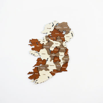 Ireland wooden wall map in side view showing the layered wood counties on a white background