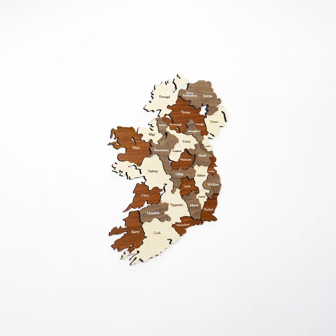 Small Ireland wooden wall map in cream, tan and brown layers centered on a white background