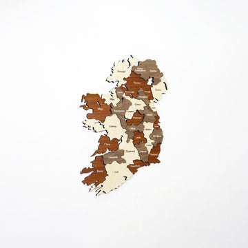 Small Ireland wooden wall map in cream, tan and brown layers centered on a white background