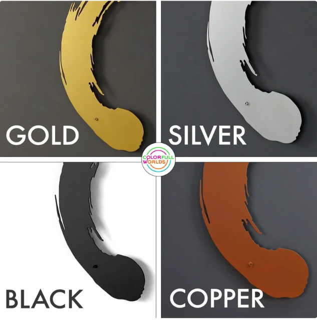 Metal finish swatches in gold, silver, black and copper shown on brush-stroke swirl pieces
