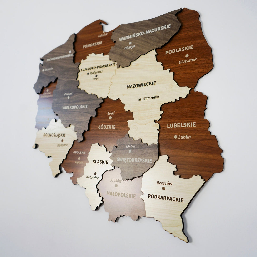 Close-up of Poland wooden map with Mazowieckie, Lubelskie and Podkarpackie regions in layered wood
