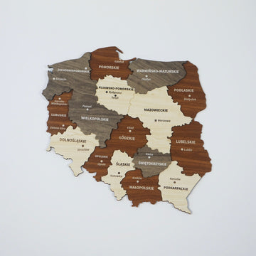 Poland wooden wall map with regional panels in brown, gray and beige wood, straight-on view
