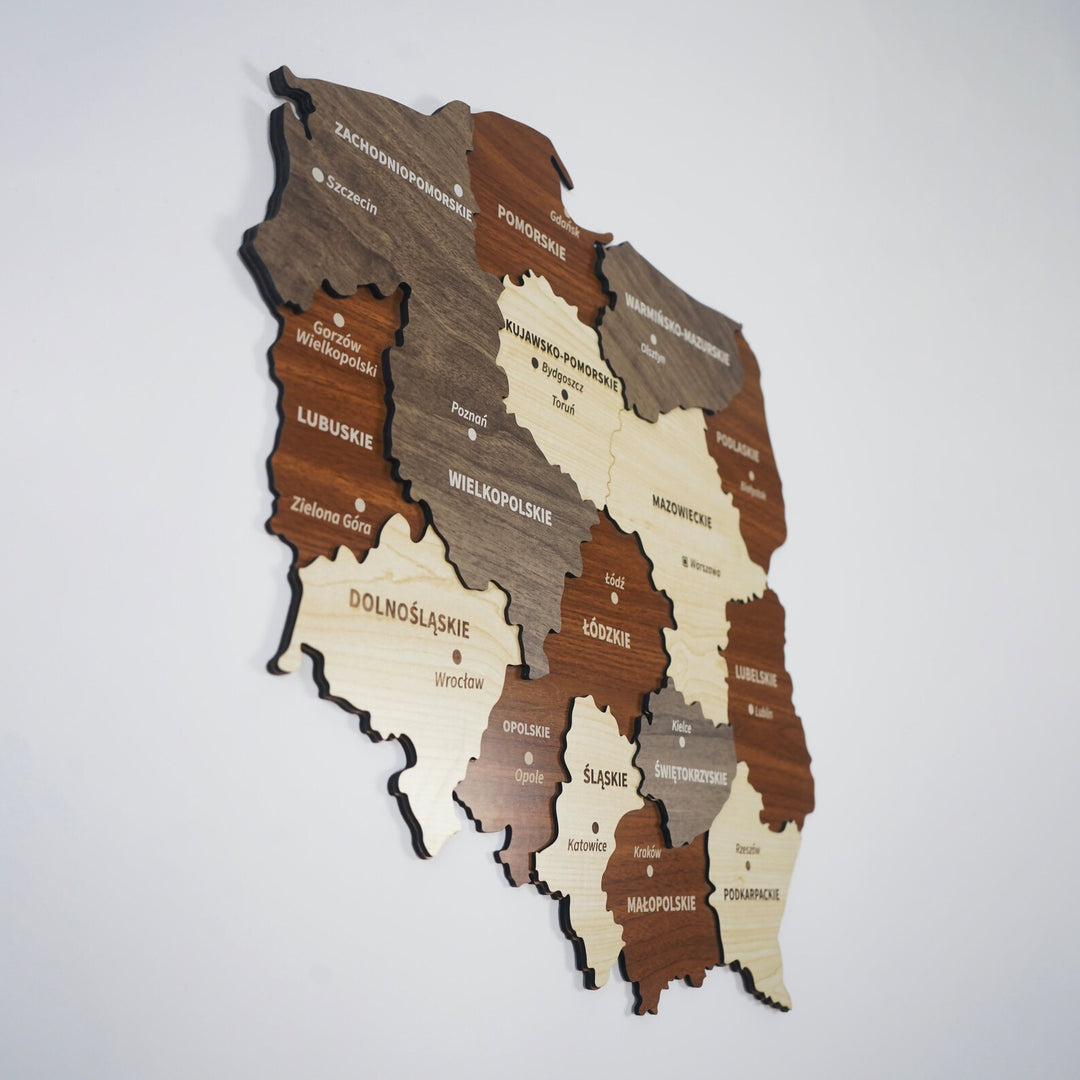 Poland wooden wall map seen from a steep side angle, showing the raised layers of each region