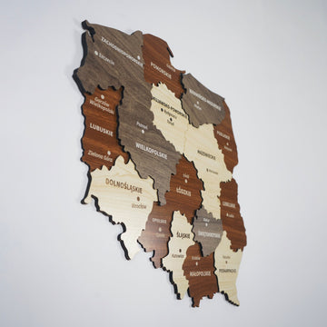 Poland wooden wall map seen from a steep side angle, showing the raised layers of each region