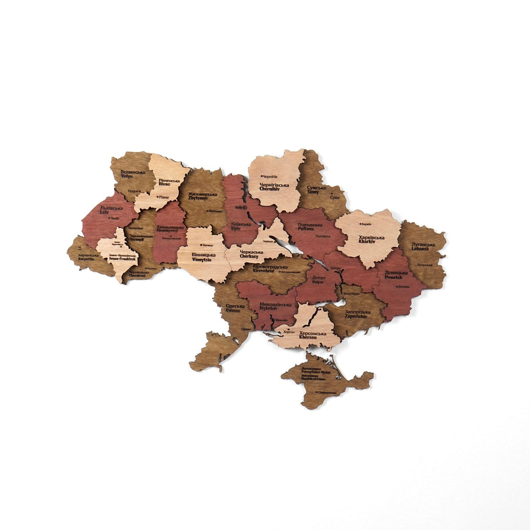 Ukraine wooden wall map centered on a white wall, with the Crimean peninsula at the bottom